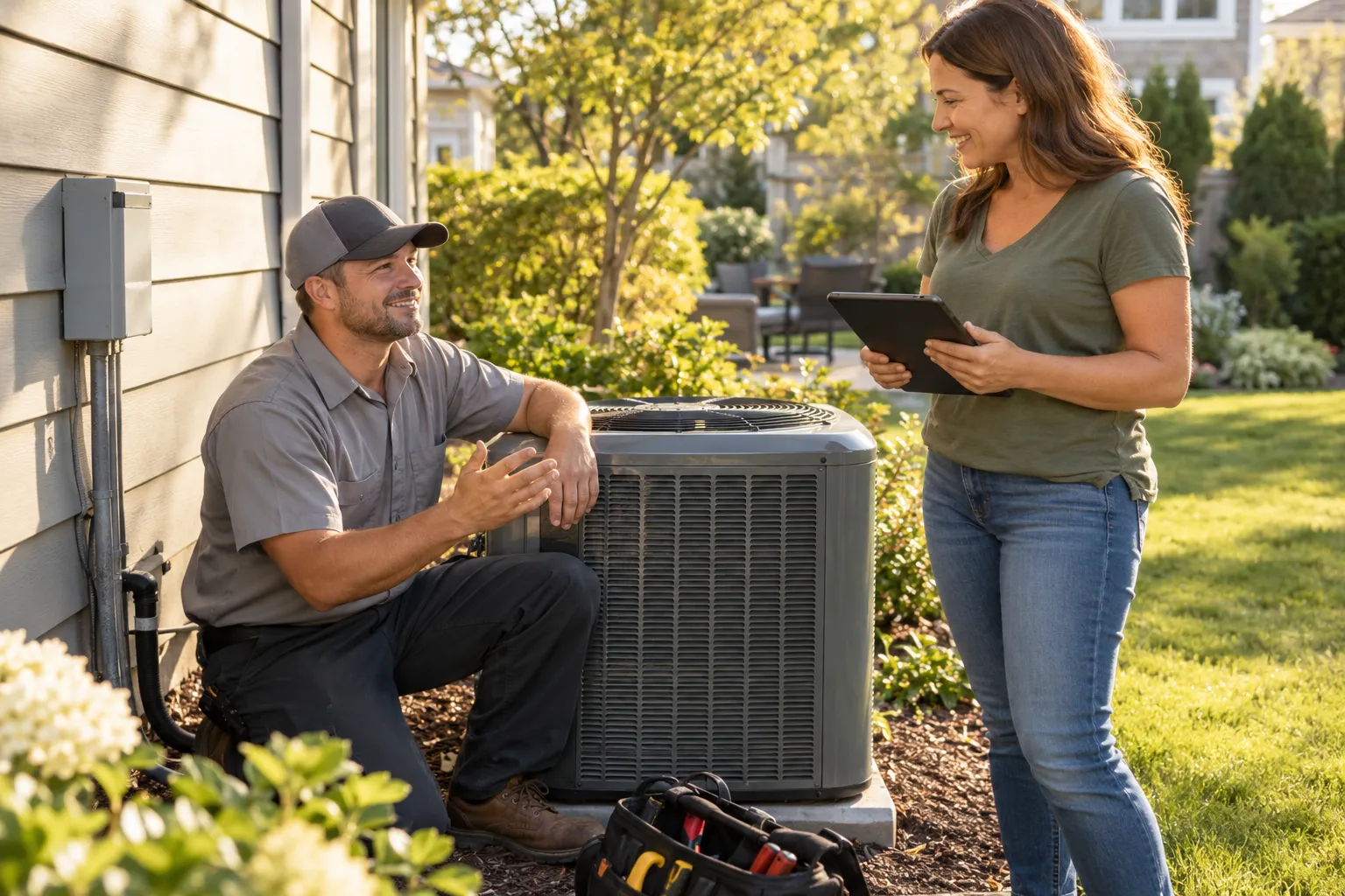 Friendly HVAC provider checking an outdoor air conditioner beside a home in the Afton area