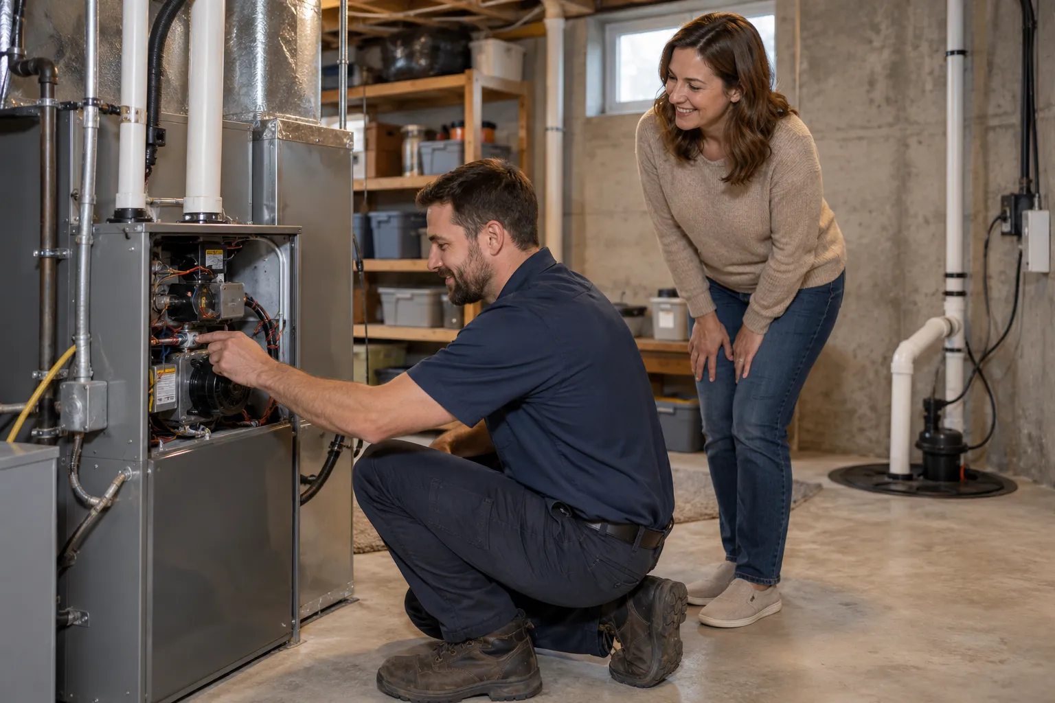Provider checking a home furnace in a basement in the Afton area